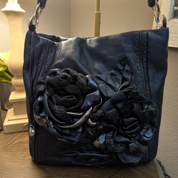 EUC Vintage Brighton Rhapsody, Blue Masterpiece 3D Floral Leather Shoulder Bag - Picture 1 of 16